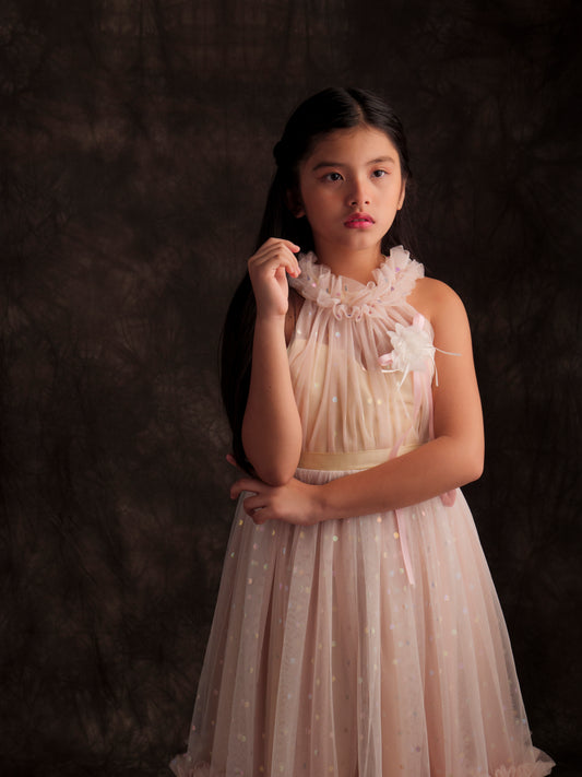 Thea Long tulle dress in Champagne -  Pre order