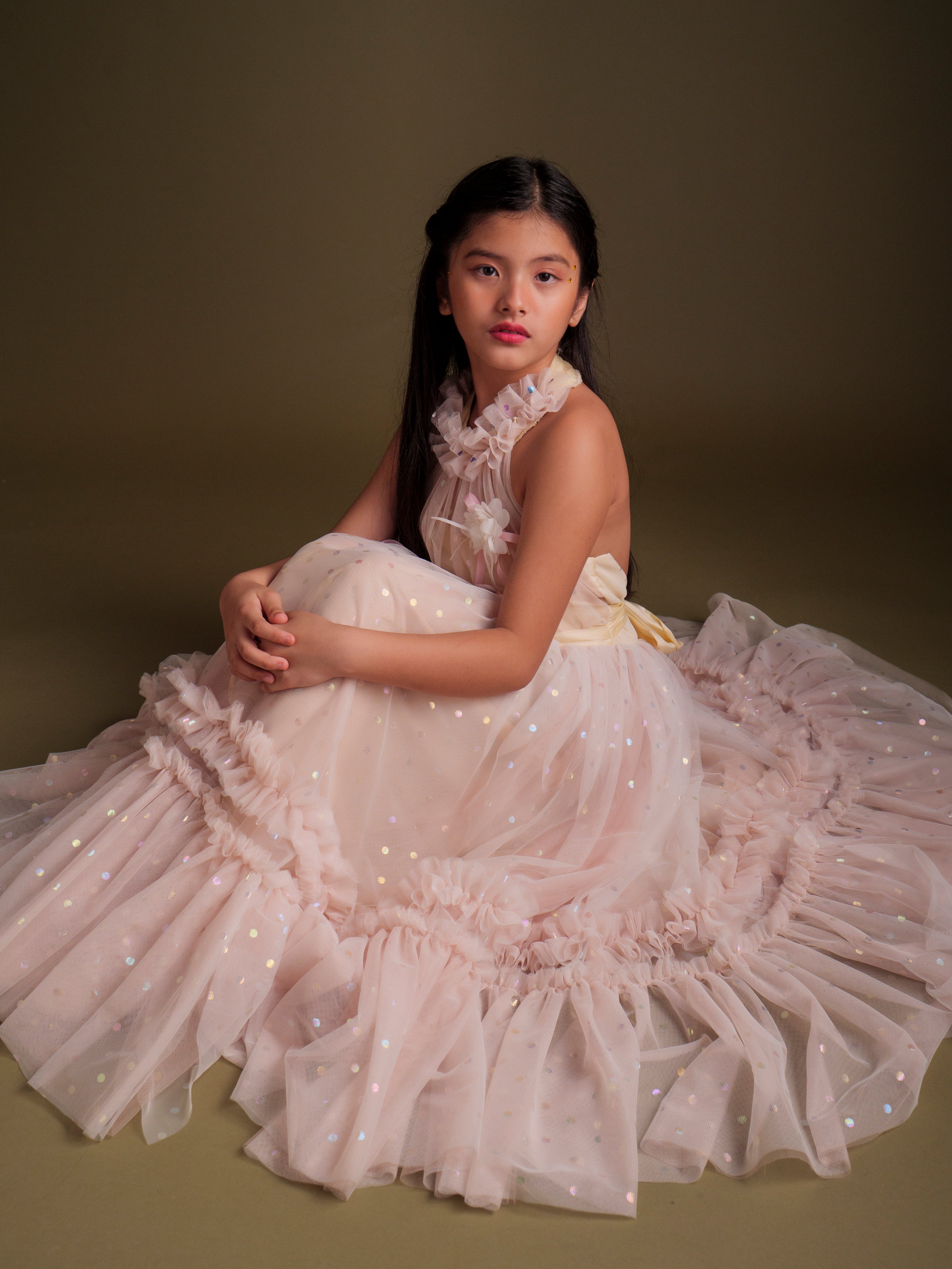 Thea Long tulle dress in Champagne -  Pre order